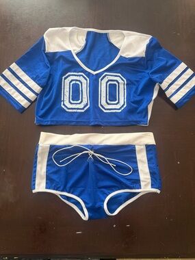 Blue and White Two-Piece Athletic Crop Top & Shorts Set
